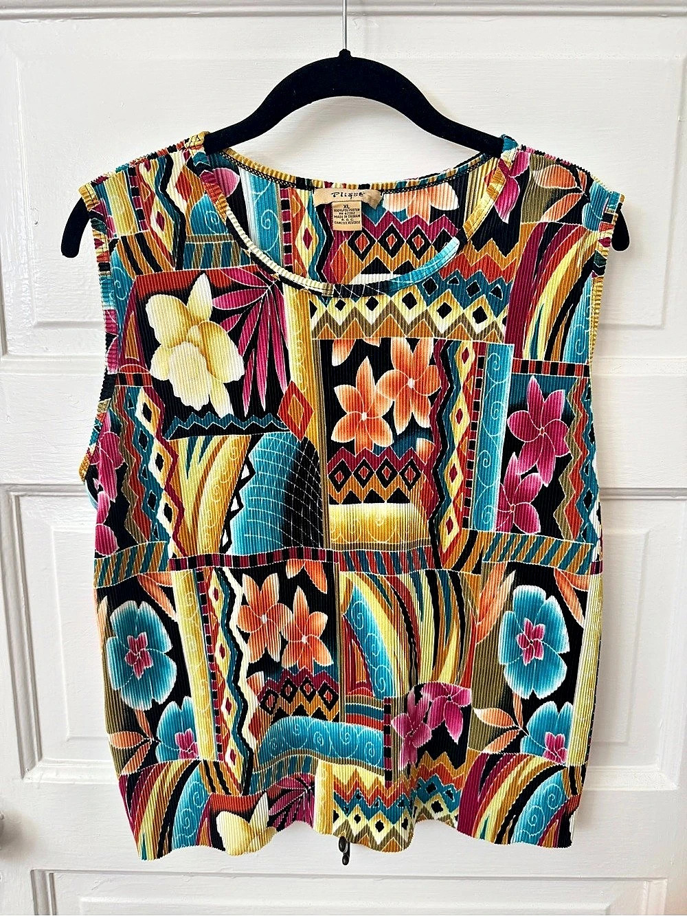 Vintage Plisse Geometric Blouse XL